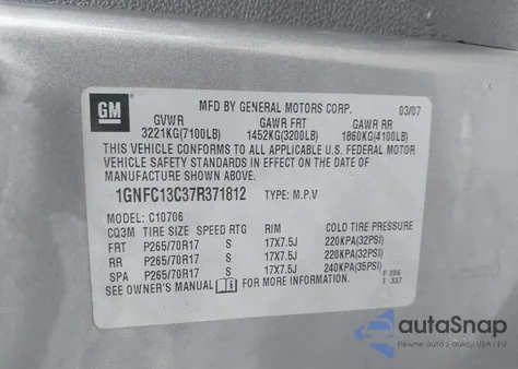 2007 Chevrolet Tahoe Ls z USA, uszkodzony, nr VIN 1GNFC13C37R371812